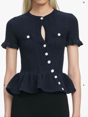 Navy Ruffle-Hem Ribbed Short-Sleeve Top